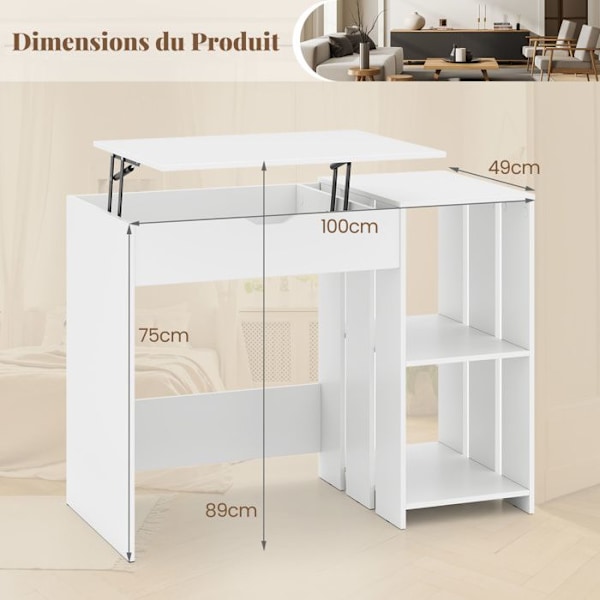 Computer Desk with Lift Top - COSTWAY - Hidden Compartment - 2 Open Storage Shelves - White