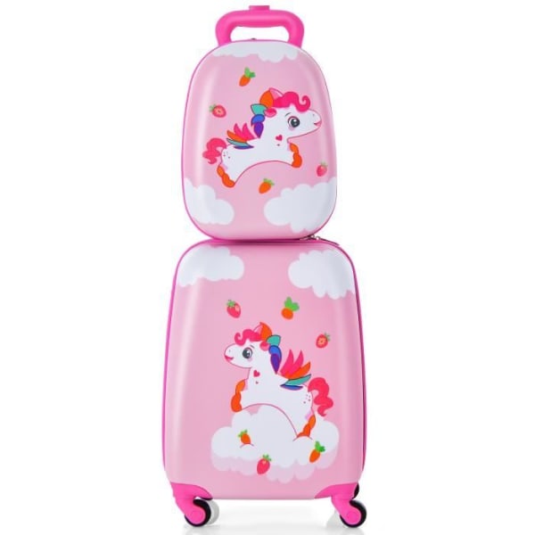 COSTWAY barnväska på hjul 16'' + 12'' ryggsäck, barnbagage med regnbågshästmönster, för flygresor, rosa
