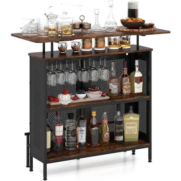 COSTWAY Industrielt Metal Buffet, 2 Vinregaler, 6 Glasstøtter, 7 Justerbare Fødder, Barbord til Stuen Svart