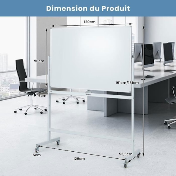 COSTWAY Magnetisk tavle 120 x 90 cm Dobbeltsidet vendbar tørsletning 2 justerbar højde 4 mobile hjul Hvid