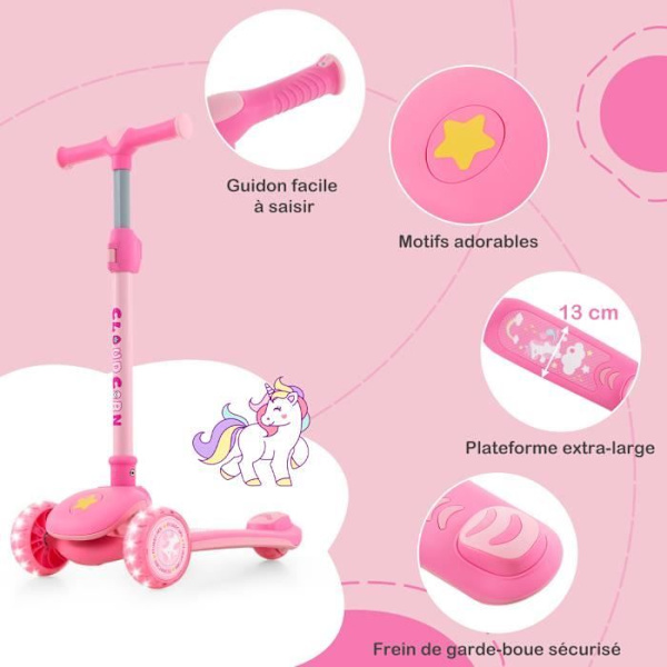 COSTWAY Foldbar børnescooter 3 hjul 37 til 60 måneder - Bredt dæk - LED-belyste PU-hjul, bagbremse - Justerbart styr - Pink Rosa