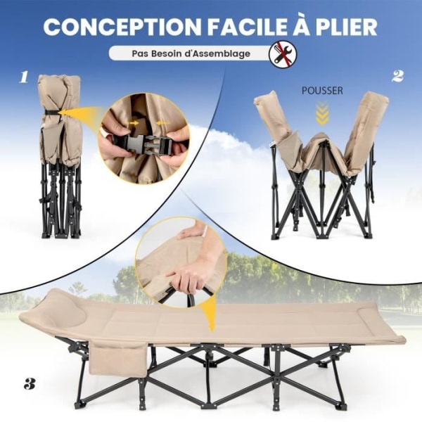 COSTWAY Sammenfoldelige lejrsenge 188 x 68,5 x 48,5 cm med bæretaske, pude og nakkestøtte, 10 støtteben, kaffe