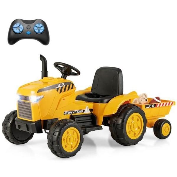 COSTWAY El-traktor 12V 7AH - 2,4G Fjernbetjening, Fjederophæng, LED, Horn, Soft Start, 3 - 8 År, Gul