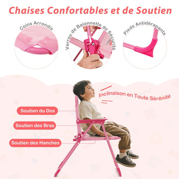 COSTWAY Picnicbord 4 Stykker til Børn - 2 Foldestole - en Højderegulerbar Parasol 120-128cm Rosé