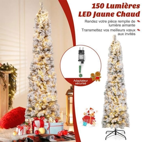 180 cm LED juletræ med hvid sne COSTWAY-150 Varme hvide lys-Blyantform-373 PVC-grentips-Hjem