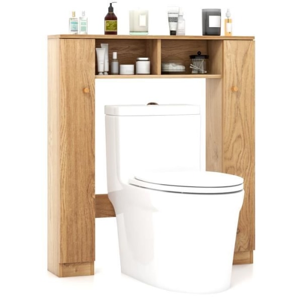 COSTWAY WC-enhet över toaletten, 2 fack, 2 skåp, 4 ställbara hyllor, Anti-tilt, 18x87,5x98 cm, Natural Natur