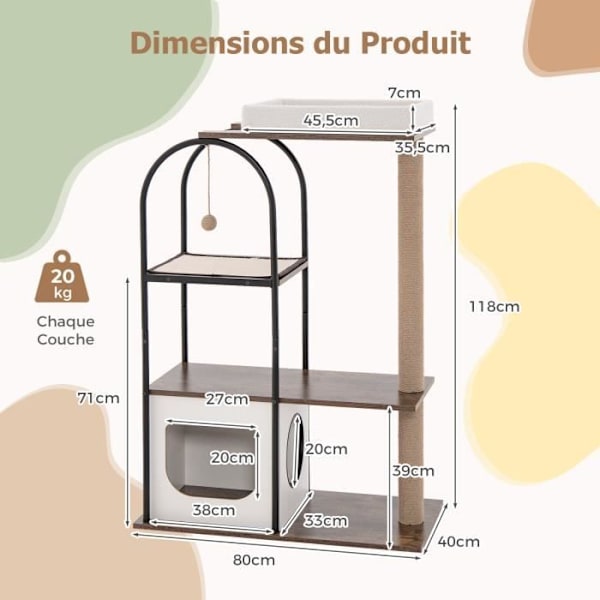 COSTWAY Cat Tree 118 CM 4 niveauer - metalramme, lejlighed, kradsestolper, hængende pomponer, top aborre - hvid
