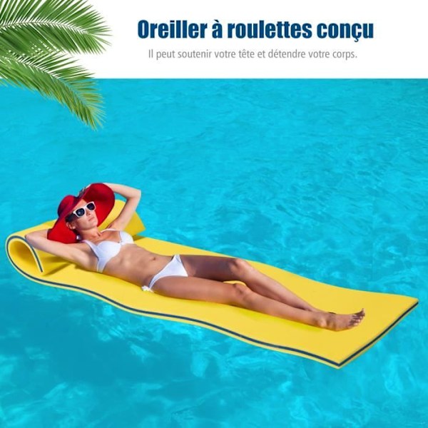 COSTWAY Roll-up flydende skummåtte 220 x 90 cm med integreret pude 3 anti-rivningstykkelser til swimmingpool Strand Gul