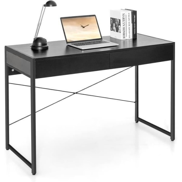 COSTWAY computerbord i træ og stål med 2 skuffer 112x48x76CM Retro Design Workstation til kontor, stue, soveværelse sort Svart