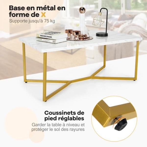 COSTWAY soffbord med marmortryck 107 x 60 x 45,5 CM (L x B x H) Modernt guldmetallunderrede med justerbara glider för vardagsrummet Vitt, grått och guld