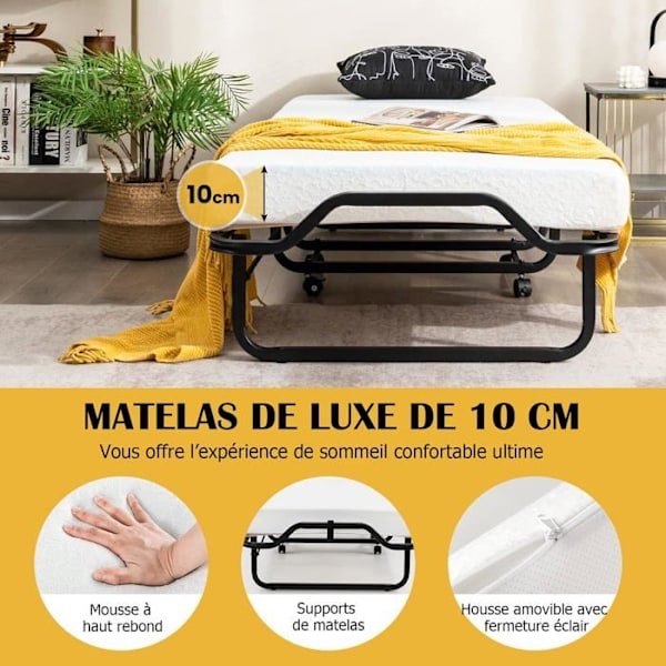 COSTWAY Ekstra seng på hjul 80x199 CM med 10 cm tykkelse skummadras, 1 person foldeseng med 15 trælameller