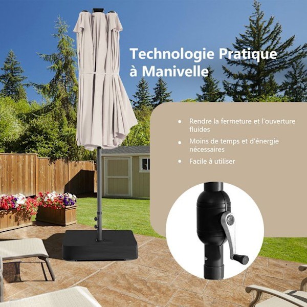 Dobbelt XXL Haveparasol 48 LED - COSTWAY - 470 x 280 x 246 cm - Base og Sandpose - Solpanel - Rektangulær Beige