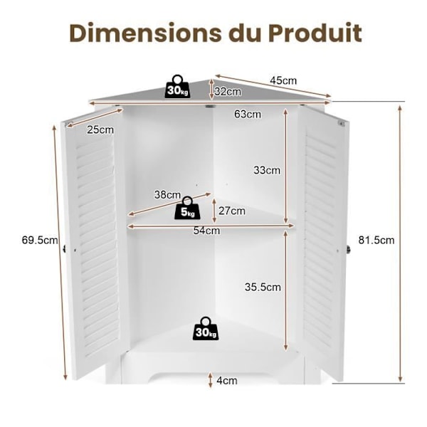 COSTWAY Hjørnegarderobe, Opbevaringsenhed 63x32x81,5 cm, 2 lukkedøre og justerbar hylde, til stue, soveværelse, kontor, hvid Vit