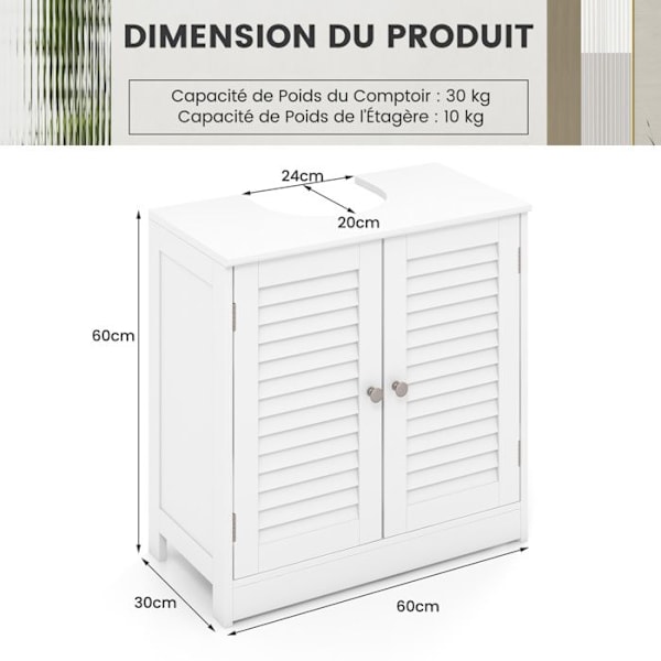 COSTWAY Vaskeskab L24 x D20 cm, med skab med 2 lamelåger, 3 hylder til badeværelse, 60 x 30 x 60 cm, Hvid Vit