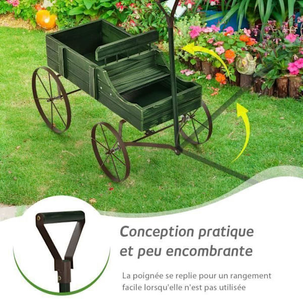 COSTWAY Havetrillebør i træ - 2 planterum - Metalhjul - Belastning 15 kg - Grøn