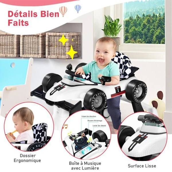 COSTWAY Musical Foldbar Baby Walker 4 i 1 biludseende pusher Justerbar højde og hastighed med lys hvidt rat Vit och svart