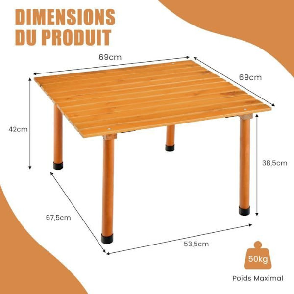 COSTWAY Fällbart campingbord i gran - 69x69x42 CM - Bärväska, Roll-Up bricka - Strand, Fiske, Picknick