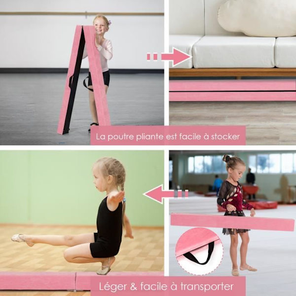 COSTWAY kokoontaittuva voimistelupalkki 210 cm lapsille kantokahvalla 4 liukumatonta pehmustetta vaaleanpunainen mokkanahkapäällinen Rosa