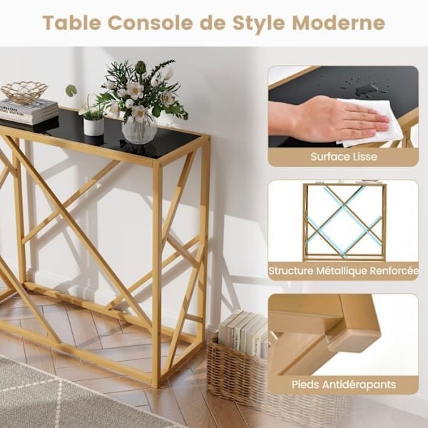 Konsolbord - COSTWAY - Entrémøbler, sort hærdet glasplade, guldmetalstel 80 x 30 x 75 CM, geometrisk design