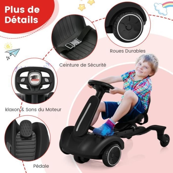 COSTWAY Driftable Electric Kart 6V/5 Ah för barn med 5 hjul, justerbar sits, ratt, 360° rotation, 5 km/h, 3-8 år, svart