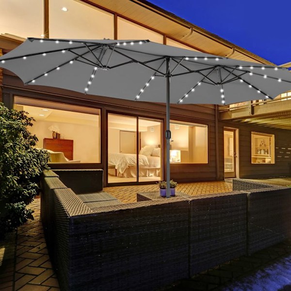 Dobbelt XXL Haveparasol 48 LED - COSTWAY - 470 x 280 x 246 cm - Base og Sandpose - Solpanel - Rektangulær Grå