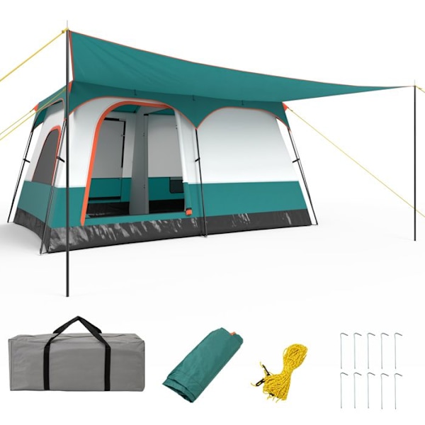 Stor campingtelt 6-8 personer - COSTWAY - Fortelt - 2 soveværelser, 2 døre, 2 vinduer med dobbelt net - Aftageligt tag - Transporttaske