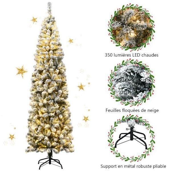 COSTWAY 225CM Artificiell LED-julgran - 350 varma vita lampor - Snöflockade PVC-nålar - Metallstativ - Gångjärn Vit