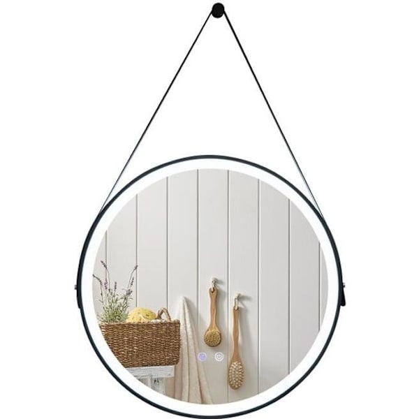COSTWAY LED Rund Badrumsspegel Ø 60 cm, 2 Touch-knappar, Trefärgad belysning, Anti-dimma, Minne, Läderrem Svart