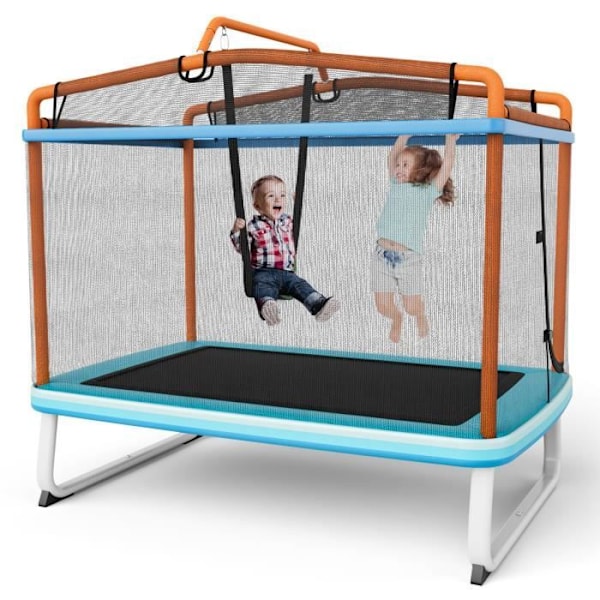 COSTWAY studsmatta för barn rektangulär 190 x 124 cm 3 i 1 med gunga, horisontell stång, kapslingsnät 100 kg orange Blå + gul