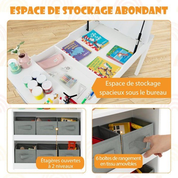 COSTWAY 3 i 1 barnbord och 2 stolar set - 6 förvaringsfack - Lyftbar fack - Pappersrulle och färgkopp - Vit Vit