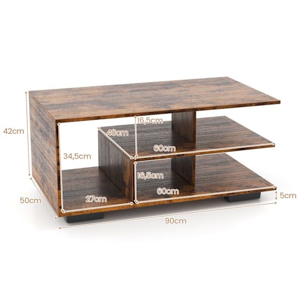 COSTWAY 3-lags sofabord med opbevaring, L-formet central hylde, til stue kontor soveværelse, 90 x 50 x 42 cm, rustik brun Rustik brun