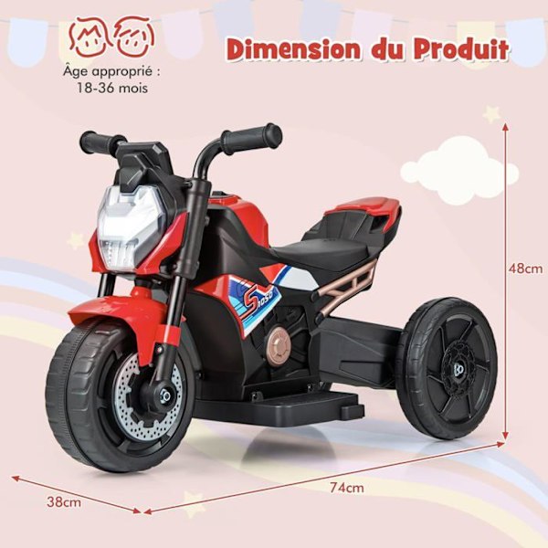 2 i 1 elektrisk motorcykel för barn 6V - COSTWAY - 2/3-hjulskonvertering - i 18-36 månader - LED-strålkastare - Musik - Horn - Röd Röd