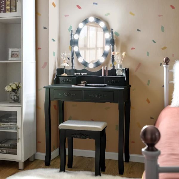 COSTWAY Toiletbord Makeup Bord med skammel - 360° drejeligt ovalt spejl, justerbar pære i 3 farver, 4 skuffer - sort