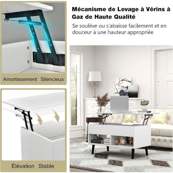 COSTWAY Sofabord med Lift Top Moderne stuebord med skjult opbevaring 2 åbne rum 80x40x44,5-58CM Hvid Vit