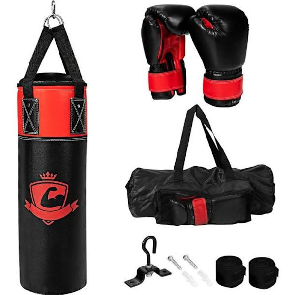 COSTWAY børnes boksesæk 60 cm-boksehandsker-bandage 240 cm-opbevaringspose-fyldt stof, sand-MMA, karate, taekwondo-sort