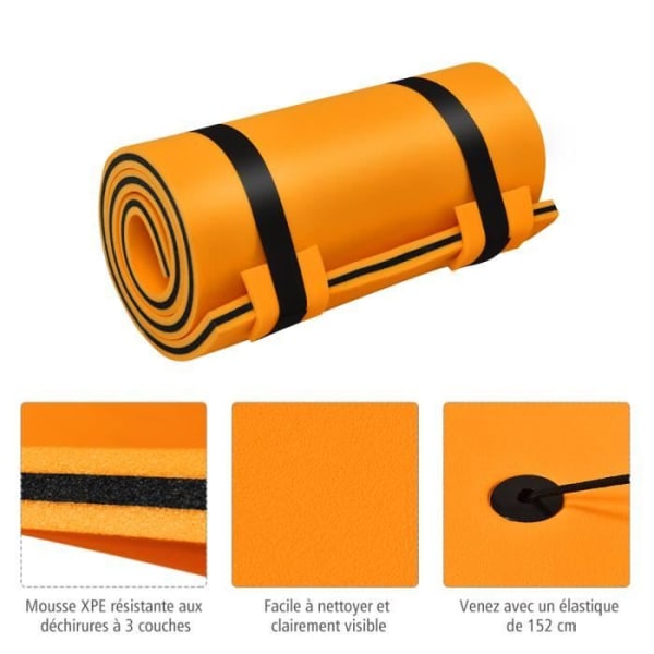COSTWAY XPE skum flytmatta 210x66CM 3 lager med elastisk knyt 1,5M Bärkapacitet 60KG för swimmingpool/strand orange