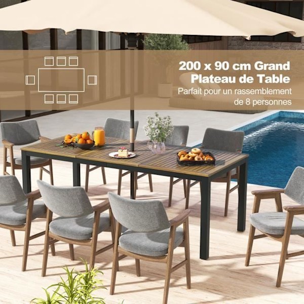 COSTWAY FSC Akasiapuu ulko dining -pöytä - 8 henkilöä, aurinkovarjon reikä, säädettävät jalat - 200 x 90 x 75 cm