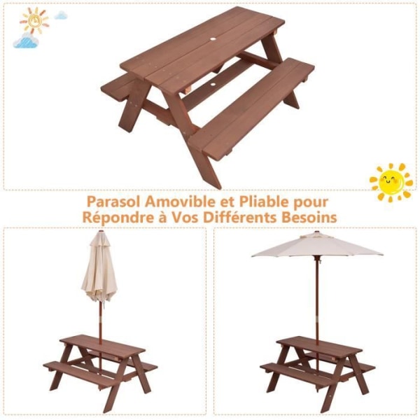 COSTWAY Trädgårdsbord och 2 bänkar med gran Barns parasoll picknickbord för 4 barn, beige + brun