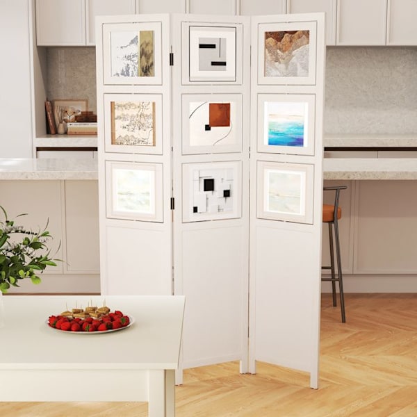 COSTWAY Skärmvägg Rumdelare Avtagbar Inomhus - 3 Paneler - 121 x 170 CM med 9 Snurrbara Fotrahmen Beige Elegans