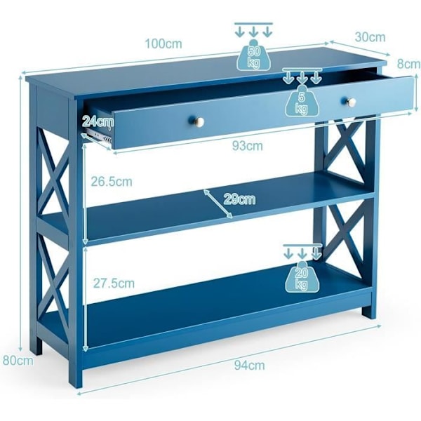 COSTWAY-konsol, entréskåp - 100 x 30 x 80 CM - 1 låda och 2 förvaringshyllor för hall, vardagsrum blå