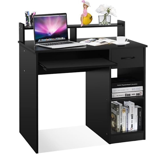 COSTWAY Computer Desk med Skuffe og 2 Opbevaringshylder, Computerarbejdsplads med Tastaturplade til Hjemmestudie