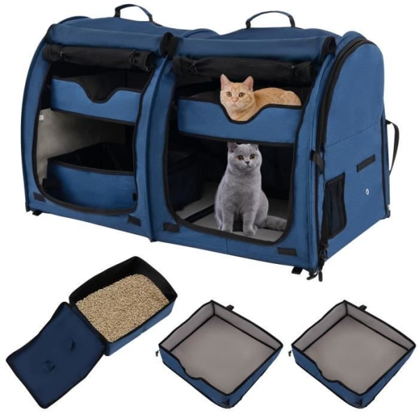 COSTWAY hopfällbar katt- och hundväska med 2 fack Husdjursbärarbur med 2 avtagbara hängmattor Blå