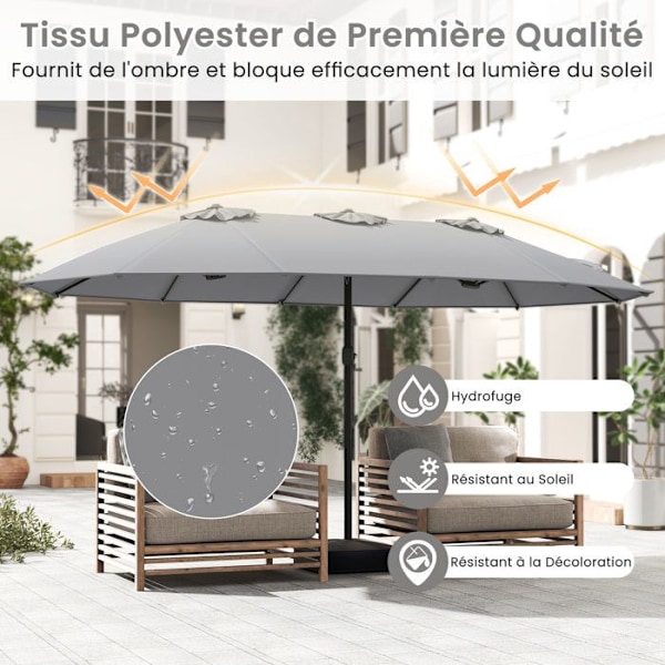 COSTWAY Dobbelt XXL Haveparasol 464x286x198cm - Inkl. Base 2 Sandsække - Anti UV 12 Spidser - Rektangulær Håndsving Grå