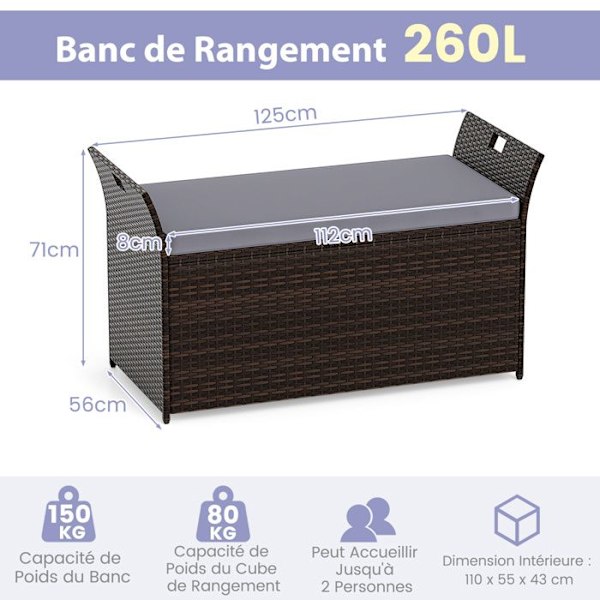 COSTWAY 260L Rattan PE Værdikasse med Pude & Låg 125 x 56 x 71 cm Tilbyder Plads til Op til 2 Personer