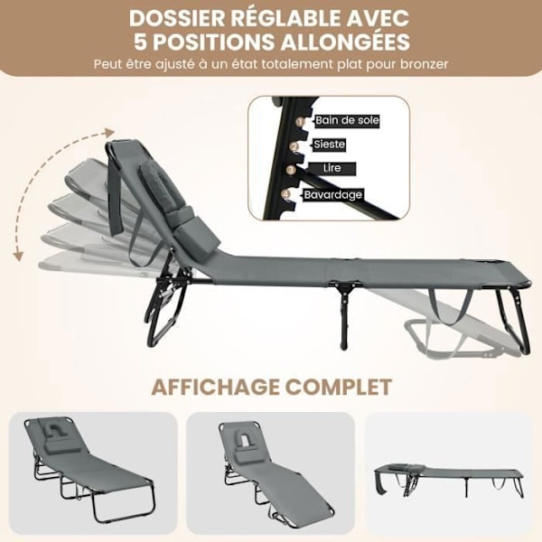 COSTWAY 5-positions justerbar fällbar loungestol - Nackstöd och ansiktshåla, för uteplats, camping, 160 kg, grå Grå