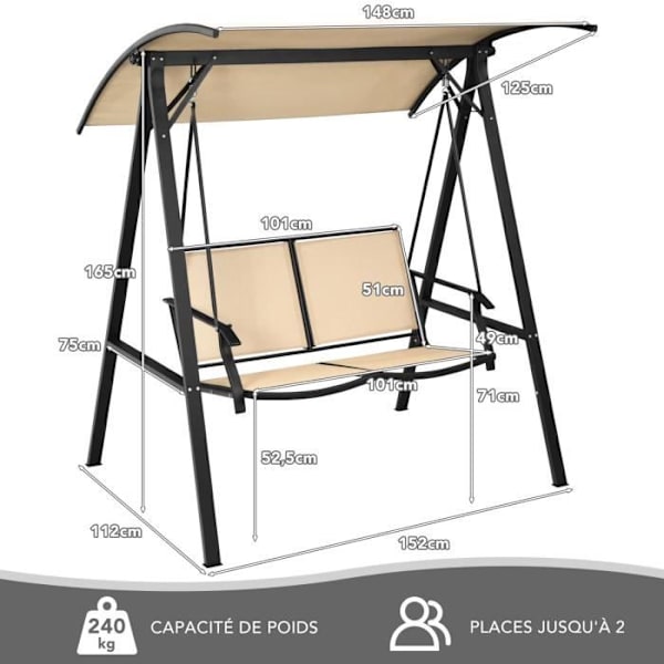 COSTWAY Havegynge til 2 personer - Justerbart vippetag - 152x112x165 cm - Belastning 240 kg - Stålramme Rustbestandighed
