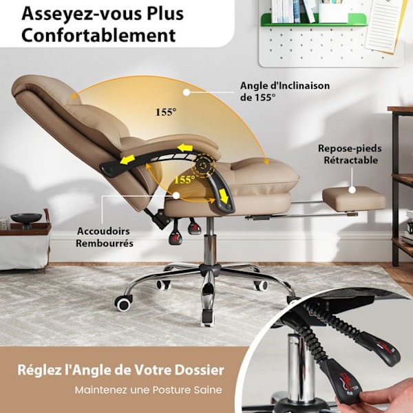 Ergonomisk Kontorsstol - COSTWAY - Justerbar Sits 51-58 cm - Lutad Ryggstöd - Fällbara Armstöd Brun