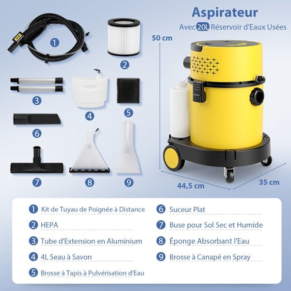 3 in 1 vesi- ja pölyimuripuhallin suodattimella COSTWAY-polypropeenisäiliö 30 L-1200W-Täydelliset tarvikkeet-matot ja kankaat