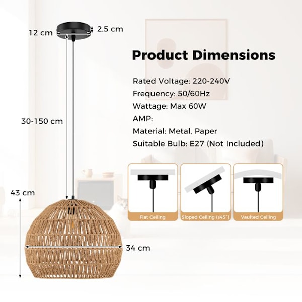 COSTWAY Hængende lampe til stuen, Flettet papir, Boheme lampe med justerbar højde til køkken og værelse, Brun kastanj