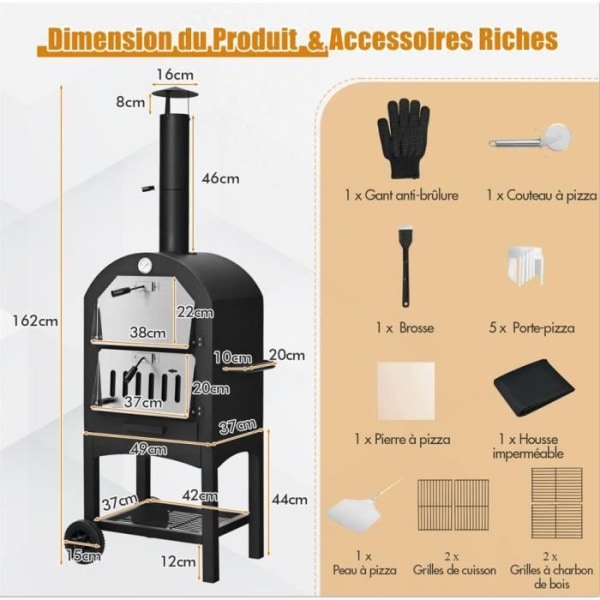 COSTWAY udendørs trækulspizzaovn med pizzasten, skoldningshandske, vandtæt låg, 2 grille, dobbelt termometer